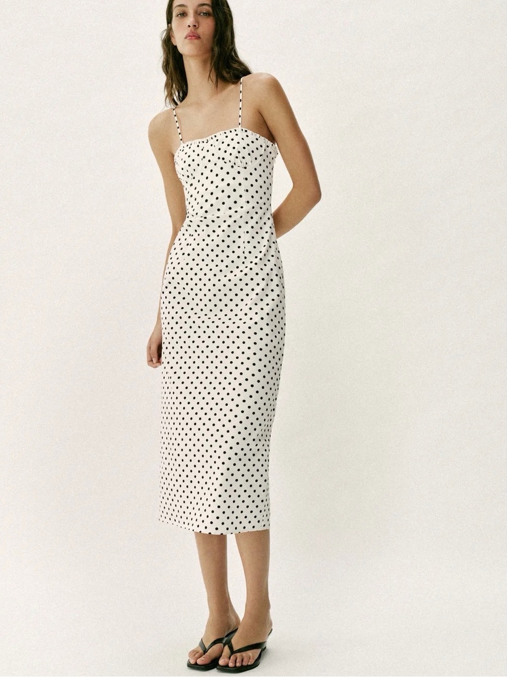 R Zara White Midi Slip Dress with Black Polka Dots